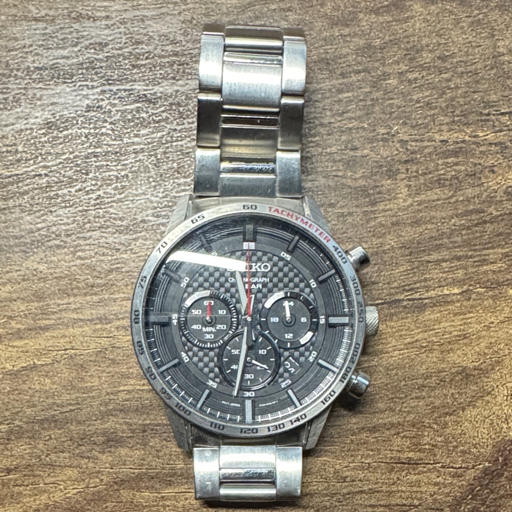 Seiko Silver and Black Tachymeter Watch